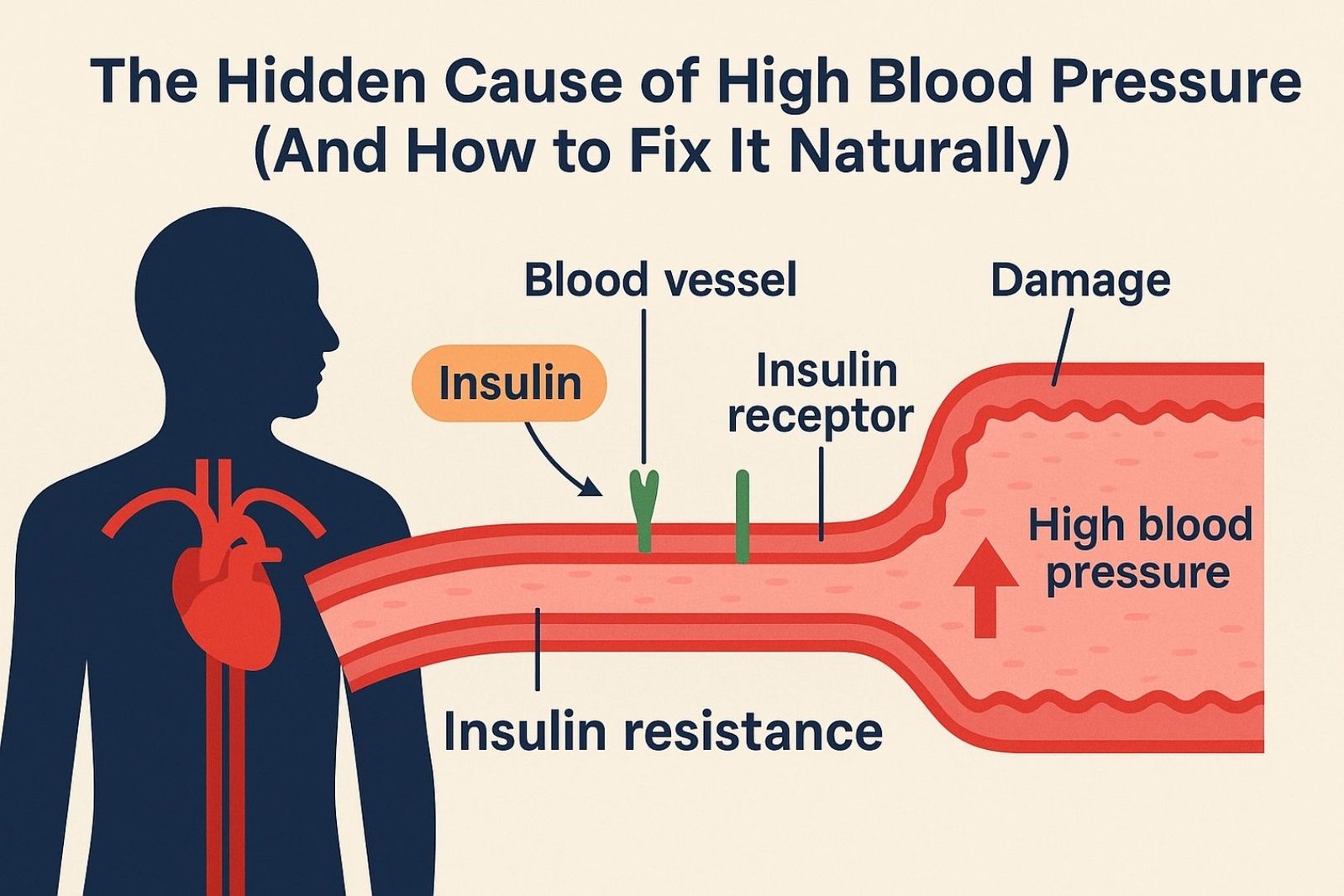 Illustration of insulin resistance damaging blood vessels and causing high blood pressure